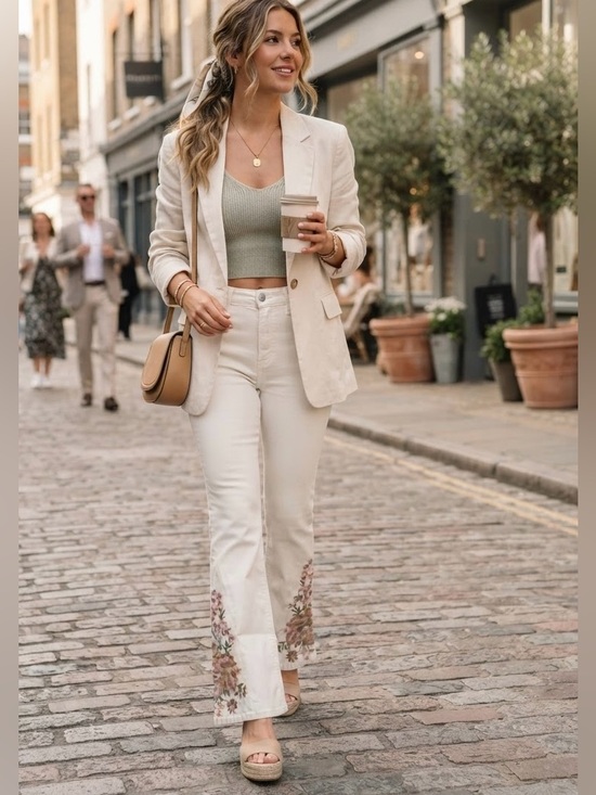 Prosperity Pants - Prosperity Ivory Floral Embroidered Flare Jeans with vintage feel boho style